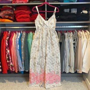 Merona taupe/white/pink print sleeveless v neck elastic waistband maxi dress S